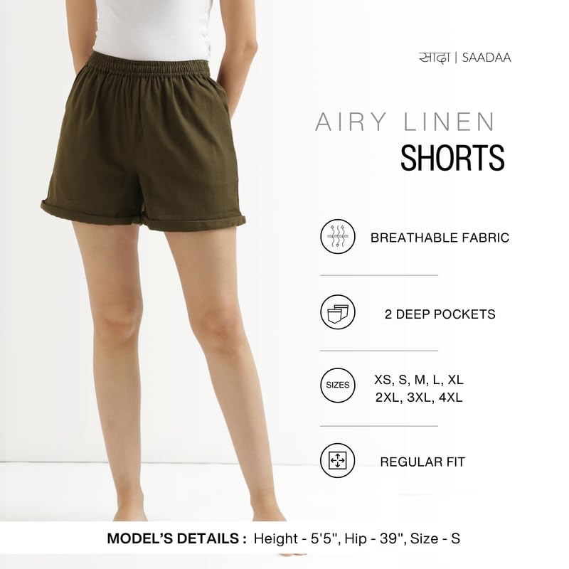 Image of SAADAA Women's Shorts Pants Cotton Linen Fabric 2 Deep Pockets