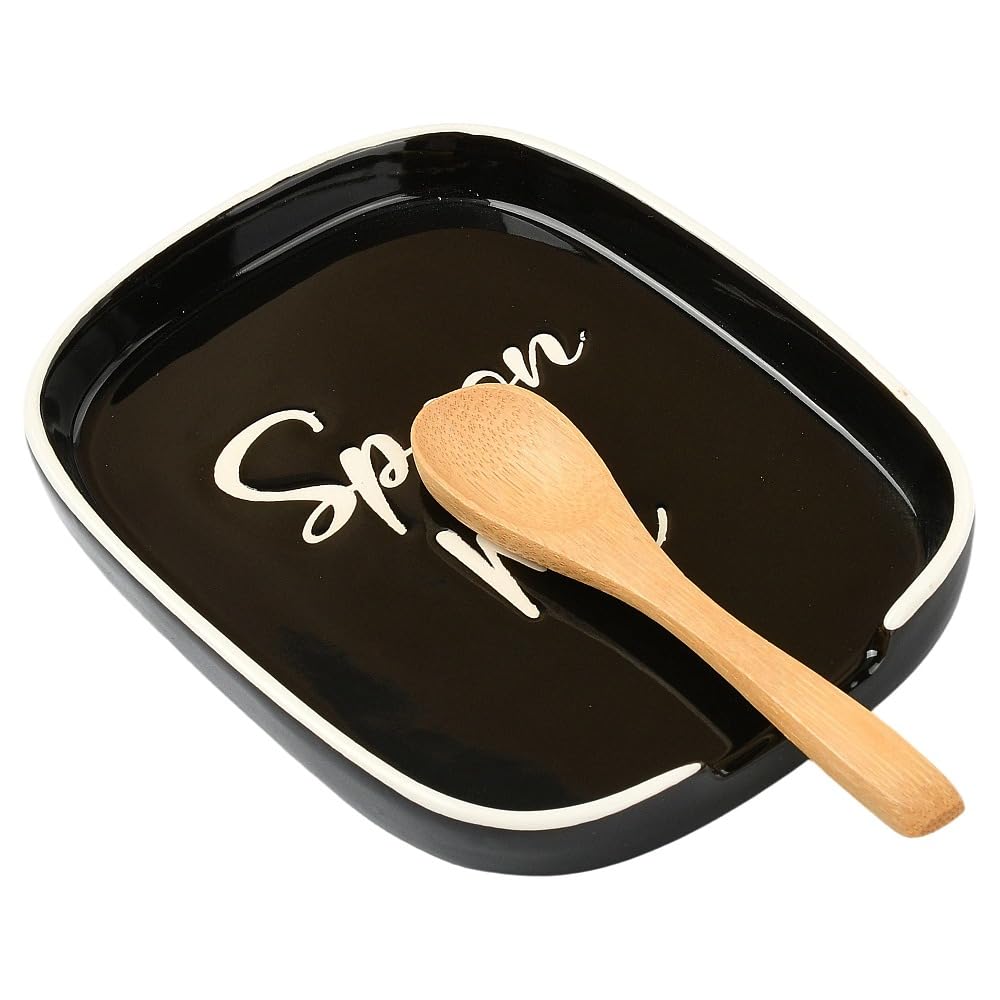 Ceramic Spoon Rest Kitchen Black Utensil Holder with Words for Tea Spoon