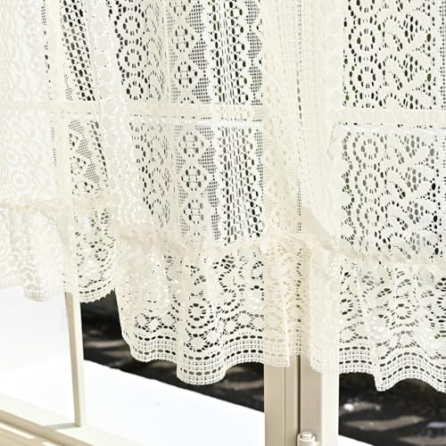 Image of Lace Short Curtain 150x60cm, Semi Sheer Cafe Curtain Kitchen Window Valance, Light Filtering Kitchen Curtains for Small Windows
