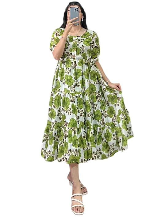 Memento Enterprises' Women's Rayon Floral Printed Puff Sleeves Square Neck Layered and Tiered Calf Length Dress-picture-52