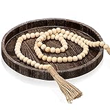 Round Serving Tray Natural Wood Tray Rustic Table Tray and Farmhouse Bead Garland Wood Garland with...