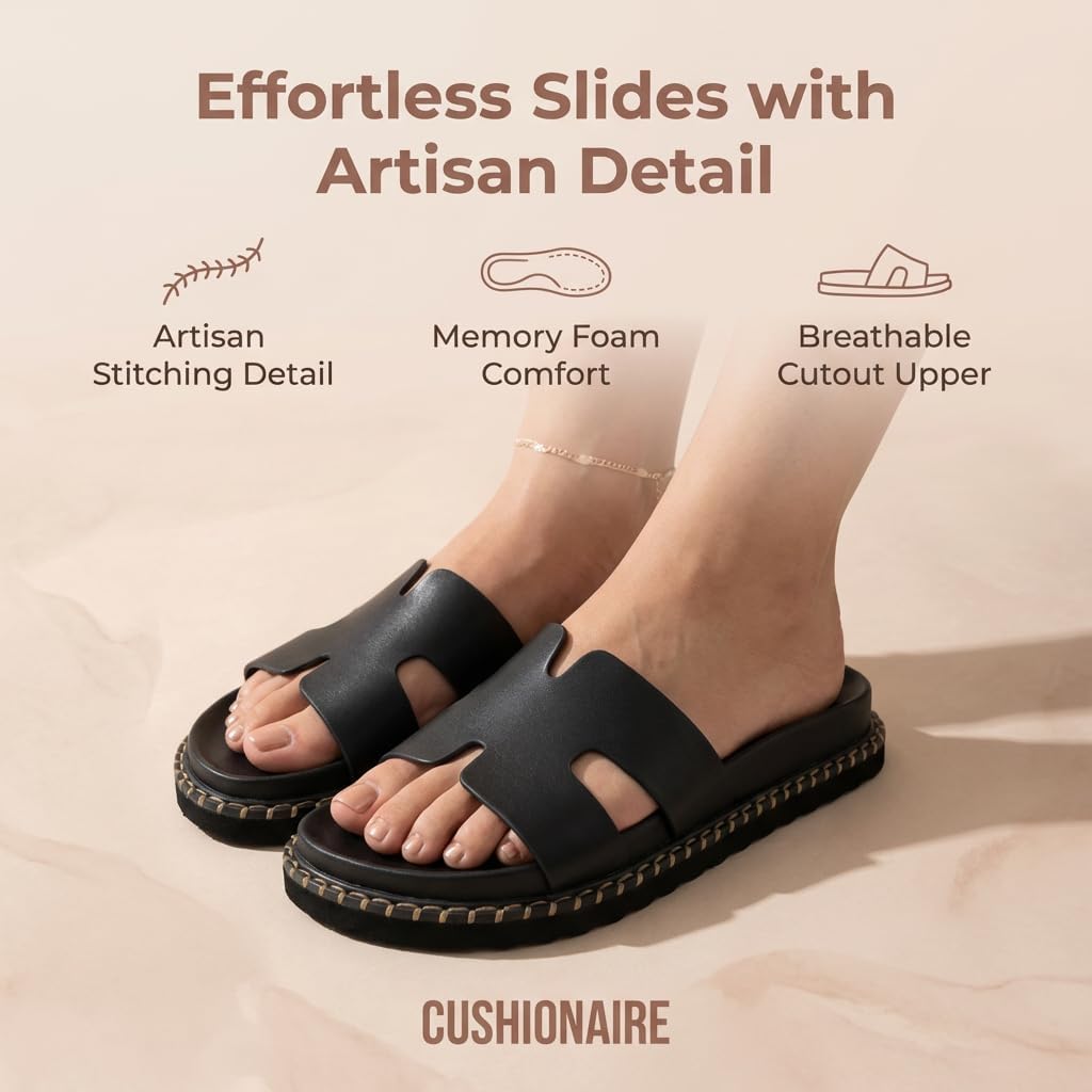 CUSHIONAIRE Crisp Women’s Slide Sandal – Faux Leather Cutout Slip-On with Artisan Stitching & Memory Foam, Wide Widths Available - Image 2