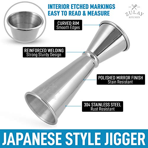 Zulay Kitchen Shot Measure Jigger For Bartending - Cocktail Jigger 18/8 Food-Grade Stainless Steel - Jigger 2 Oz 1 Oz Etched Markings - Cocktail Measuring Cup Japanese Jigger - Double Jigger (Chrome) #TOP1