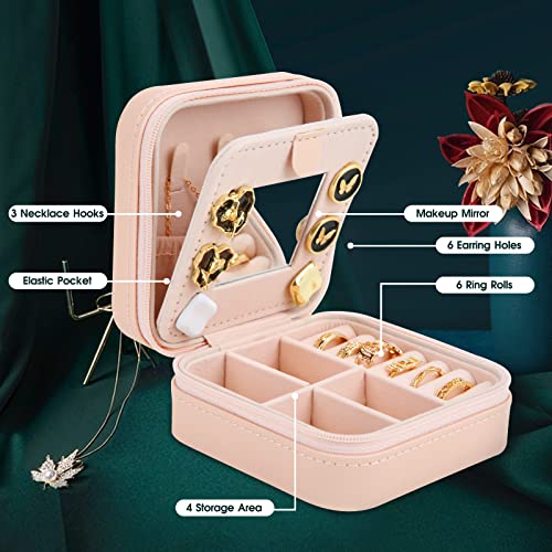 Somduy Travel Jewelry Box,Small Jewelry Case Organizer For Women,Portable Mini Jewelry Storage With Mirror,Gift For Christmas,Pink #TOP4