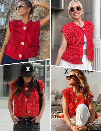Image of Arssm Women Button Down Sweater Vest Sleeveless Crop Knit Cardigan Cropped Knitted Sweater Vest with Pockets