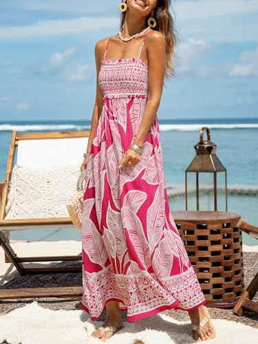 Image of CUPSHE Women's Floral Maxi Dress Spaghetti Strap Summer Boho Beach Dress Smocked Sundress Casual Vacation Flowy Long Dress