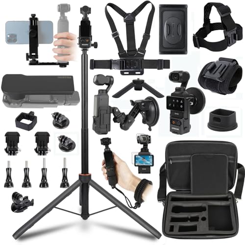 PellKing Accessories Kit for Osmo Pocket 3/4/Xtra Muse Included Carrying Case with Belt 135cm Selfie Stick Tripod Suction Cup Magnetic Mount 4 Pcs Body Strap Mount Silicone Base Mini Tripod and Others