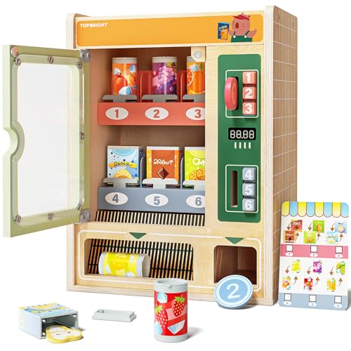TOP BRIGHT Wooden Vending Machine Play Set Play Food for KidsPretend Play Toys with Wooden Snack Bars and Drink Cans Montessori Toys for Boys Girls Capybara Gift Age 3+ (Vending Machine)