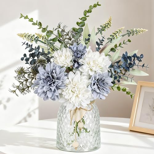 Der Rose Fake Flowers in Vase Silk Artificial Navy Blue Flowers Arrangements with Glass Vase for Dinning Coffee Table Centerpieces Home Kitchen Farmhouse Wedding Decor