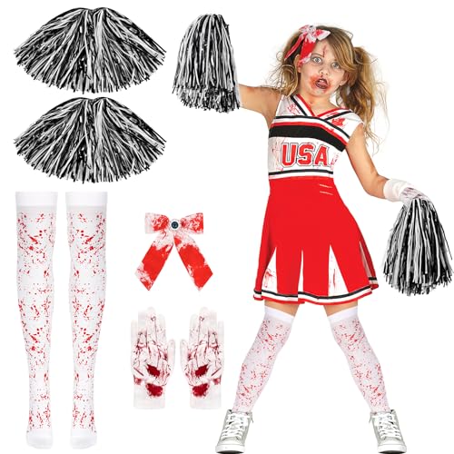 BTHRORO Disfraz Animadora de Zombies Mujer, Pompones Animadora Pinzas para el Pelo Bloody Calcetines Guantes para Niñas de Fiestas Carnaval y Halloween de Disfraces