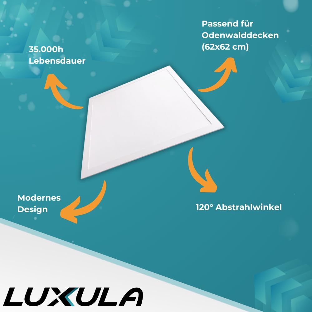 LUXULA LED Panel 62x62cm 36W 3600lm 4000K Neutralweiß Rasterleuchte mit Netzteil 230V flimmerfrei Deckenleuchte