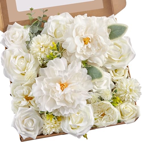 Serwalin Artificial Flowers Bridal Bouquets Realistic Fake Silk Foam Flowers Wedding White Peonies Roses DIY Centerpieces Corsage Boutonniere Home Decoration Party Arrangement Baby Shower