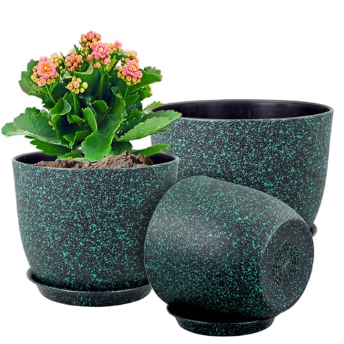 WSMKSZ Large Flower Pots 12/10/9 inch, Set of 3 Decorative Plastic Planters with Drainage Holes and Saucers for Garden House Plants, Plant Pots for Indoor Outdoor Plants, Black with Green Speckles