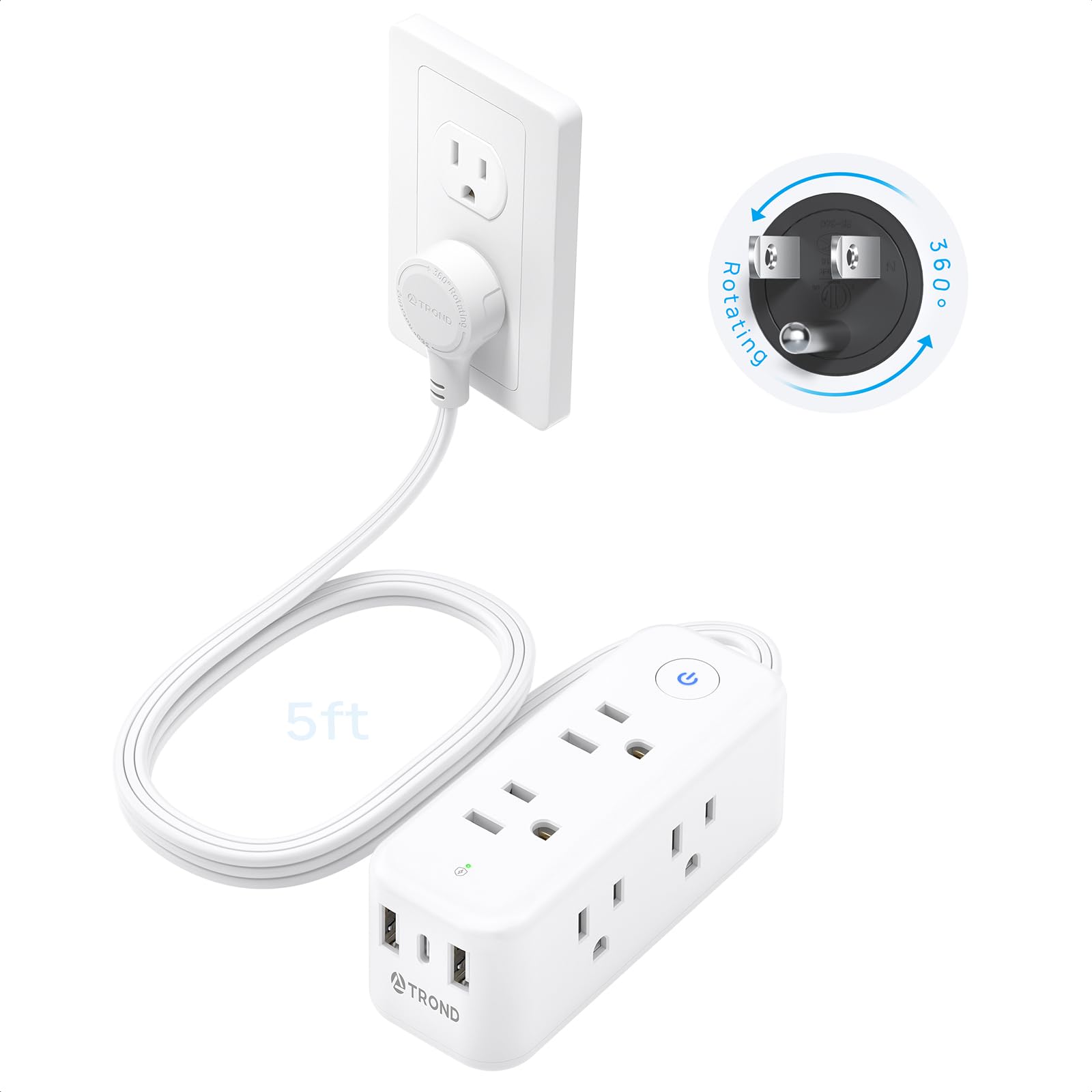 TROND 360° Rotating Flat Plug Power Strip, 6 Widely Spaced Outlets, 2 USB A and 1 USB C, 1440J Surge Protector, Wall Mountable, Extension Cord 5ft for Home Travel Office Dorm Room Essentials, White