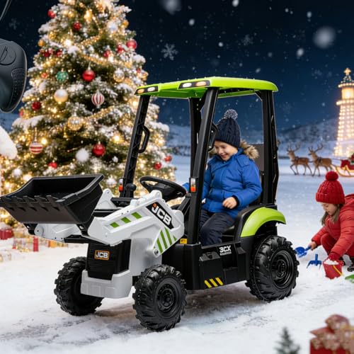 Image of 12V Ride on Excavator with Trailer & Front Loader Outdoor Gift for Boys Girls with 4-in-1 Construction Attachments (Excavator, Dump Truck Bulldozer), Tractor Remote Control Green