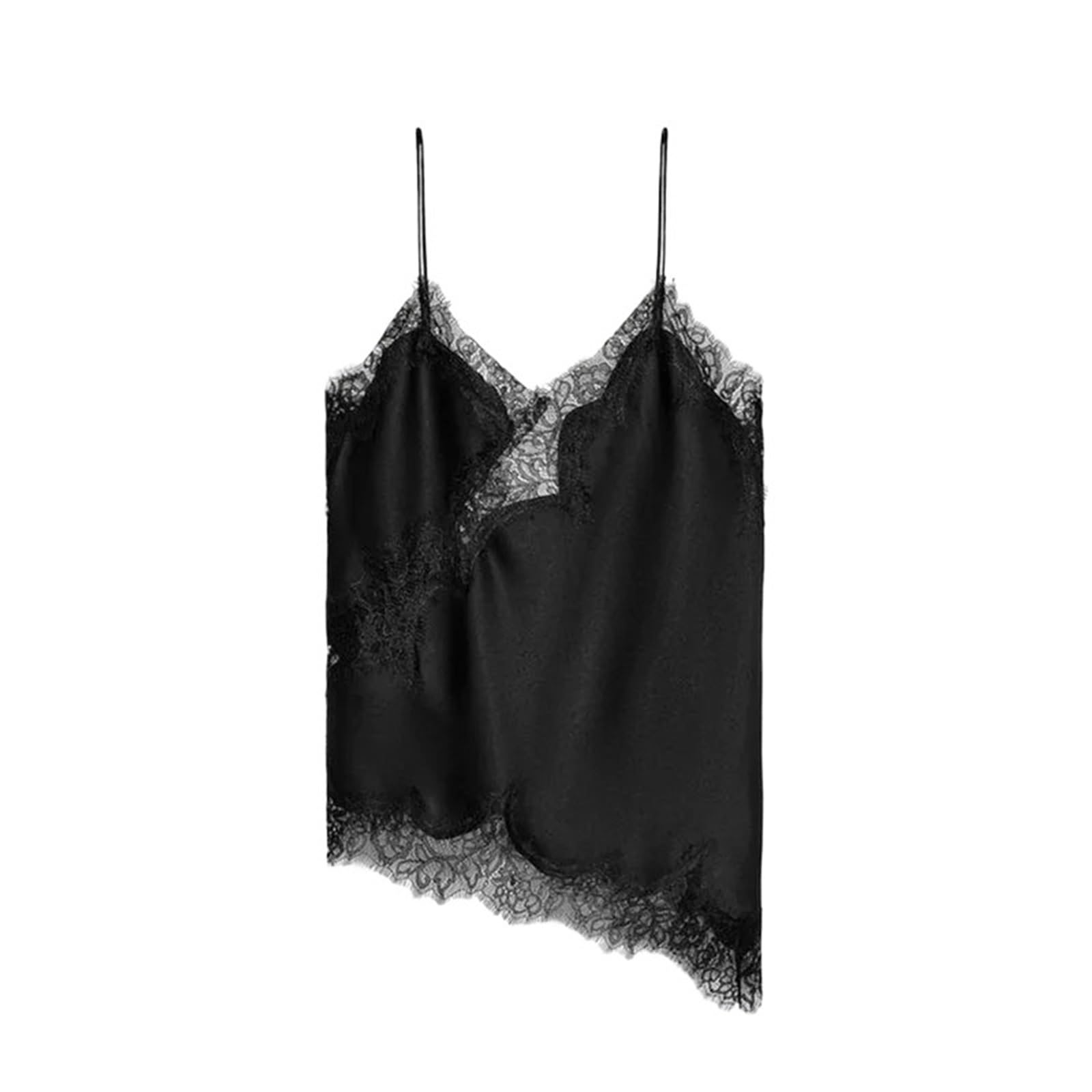 Lyxygmv Women's Black Solid Lace Sling Top Sleevelesss Patchwork Irregular Tops Summer Chic Casual Holiday Vestidos For Daily Use, Travelling(,M)