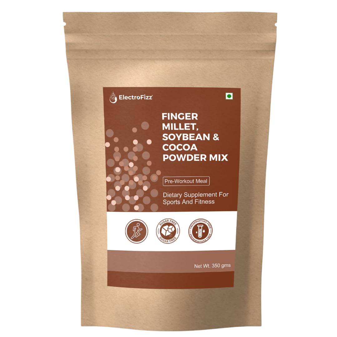 electrofizz ragi (finger millet), cocoa & soyabean powder health drink mix for kids | health beverage mix for milk | kids drink | preworkout drink for adults | superfood- 350 gm pouch (zero sugar)