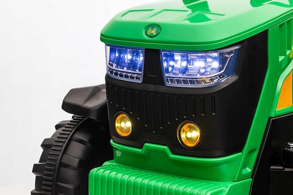 Trattore Elettrico per Bambini 12V con Ruote in Gomma e Rimorchio – Maxi Trattore a Batteria con Telecomando, Soft Start, Cintura di Sicurezza, Luci LED, MP3 USB, 2 Motori 35W (Verde)