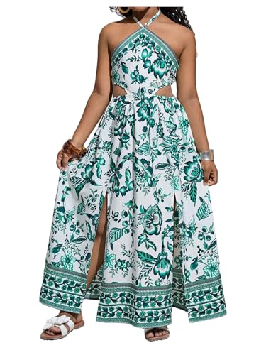 Floerns Girl's Summer Long Dress Cut Out Halter Neck Slit Beach Vacation Dresses