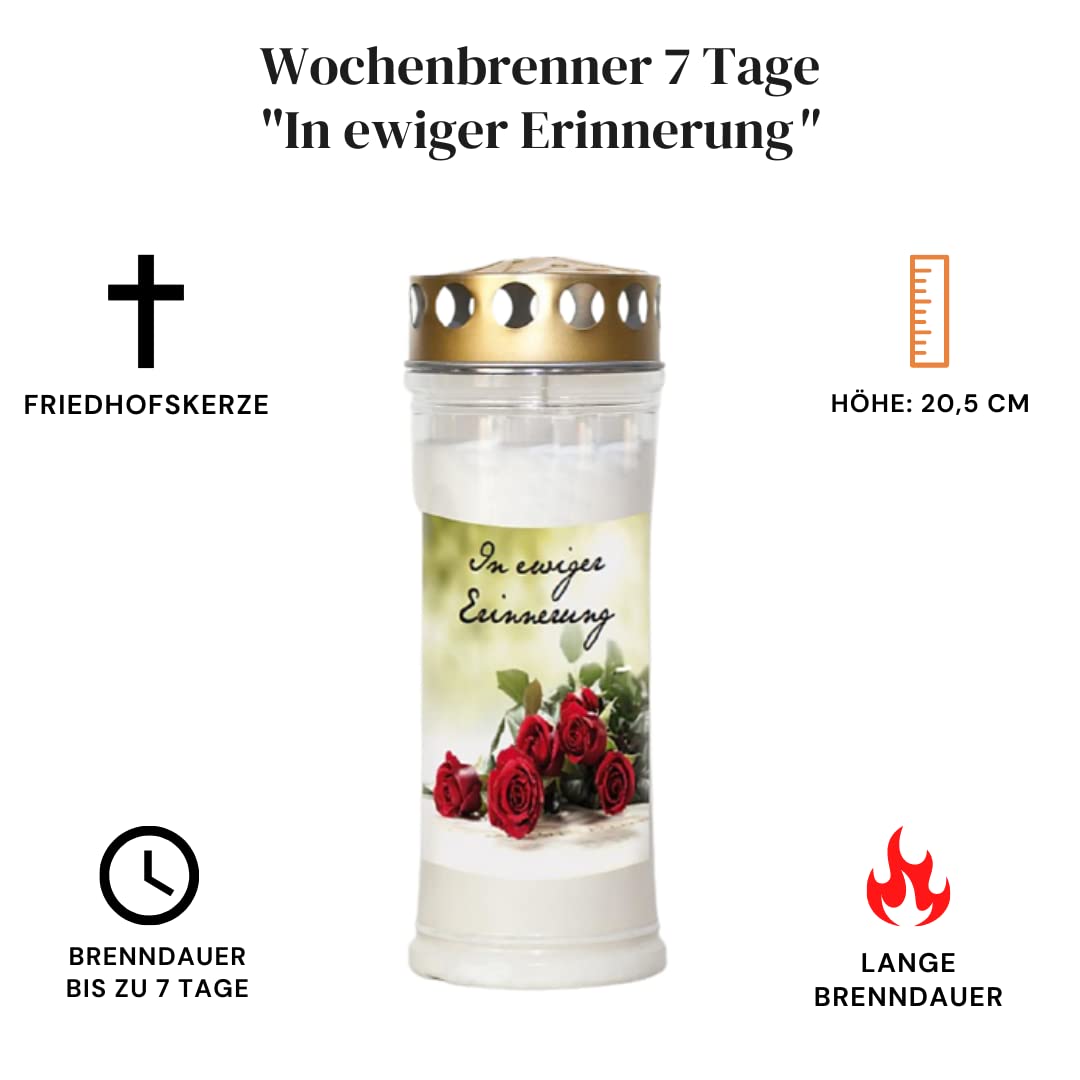 Bougies funéraires blanches avec couvercle doré et durée de combustion extra longue - 7 jours de combustion hebdomadaire - Bougie funéraire avec motif souvenir éternel.