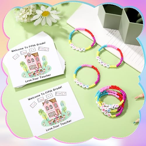 XunYee 24 Sets Back to School Gifts for Student Include Our Class Is a Family Greeting Card and First Day of School Bracelet with Bags Letter Bracelet for 1st Day of Classroom (Fifth Grade)3