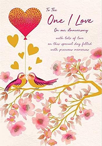 Female 'Happy Anniversary' Card - 'One I Love' - Beautiful Bird, Blossom and Heart Balloon Design with a Foil Finish - For Her - The Hazy Days Range