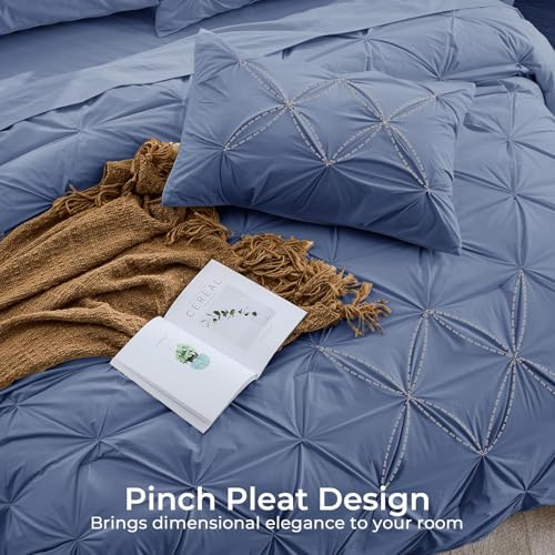 Image of Sasttie Twin Comforter Set, 5-Piece Bed in a Bag, Pintuck Bedding Sets for All Season, Includes Comforter, Flat Sheet, Fitted Sheet, Pillowcase and Pillowsham, Slate Blue