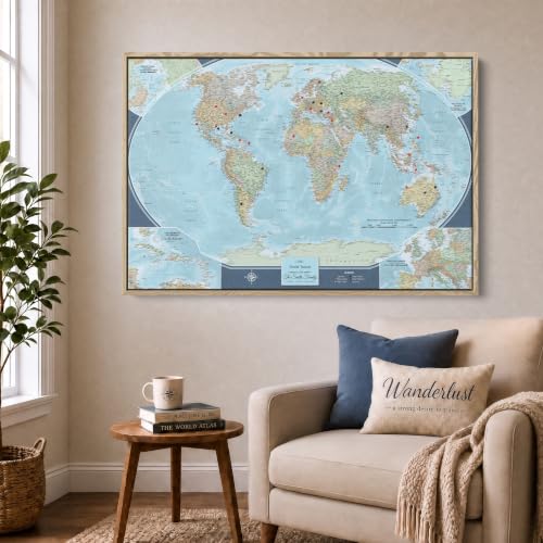 Image of Push Pin Travel Maps Signature World Personalized Canvas Wall Art - Large Travel Tracker - Natural Float Frame - 24 inch x 36 inch