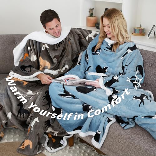 Image of Catalonia Sherpa Wearable Blanket with Sleeves & Foot Pockets for Adult Women Men, Comfy Snuggle Wrap Sleeved Throw Blanket Robe, Gift Idea, Plaid