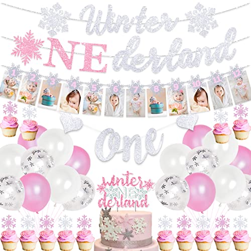Image of Winter Onederland Birthday Party Decorations Girl Pink Wonderland Snowflake 1st Birthday Party Supplies with Snowflake Photo Banner Winter Onederland Banner Cake Topper