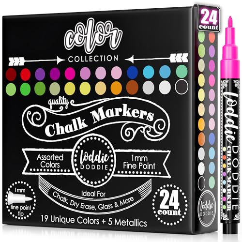 Loddie Doddie Liquid Chalk Markers - 24 Pack 1mm Tip Multicolor - Chalk Paint Finish - Vibrant Chalkboard Markers - Easy-Clean Wet Erase