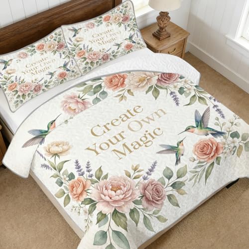 MILANKET Inspirational Floral Hummingbird Quilt Set King Size, Watercolor Botanical