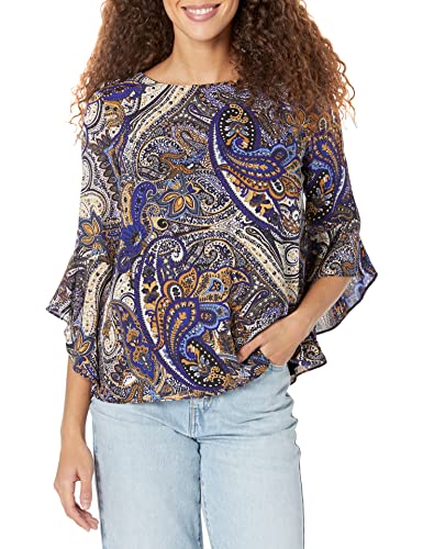 Kasper Women's Petite Ruffle Slv Blouse, Blue/Yellow, Pl #TOP23