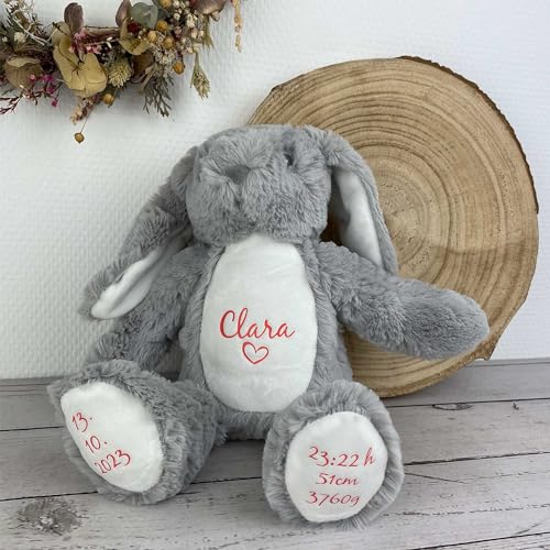 mamir home Geburtsgeschenk Baby Jungen & Mädchen | Hase Kuscheltier personalisiert mit Name & Geburtsdaten I 34cm I Geschenkidee zur Geburt I Taufe