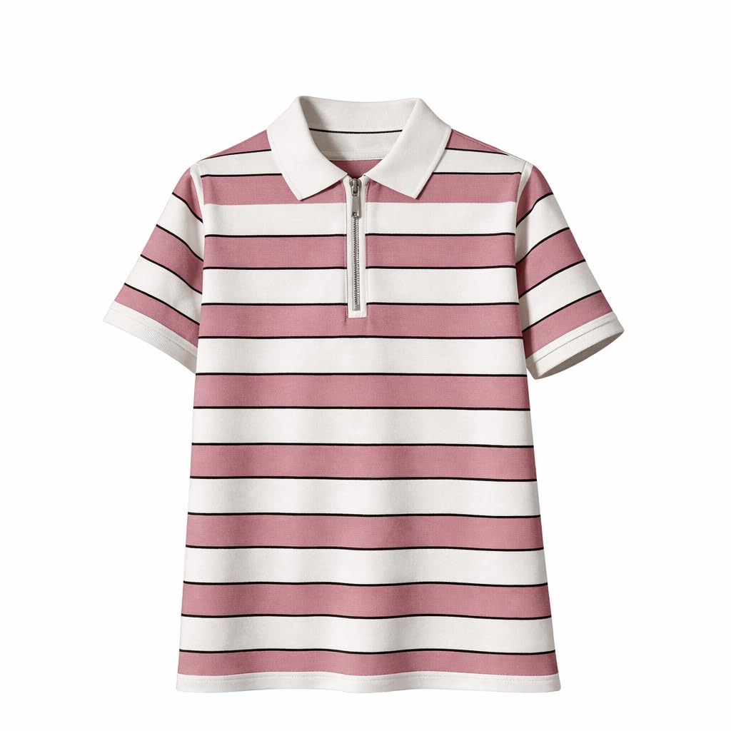 mack jonney Women’s Striped Polo T-Shirt | Half Zip Collar | Half Sleeve Cotton Casual Top | Relaxed Fit-M7465-picture-20