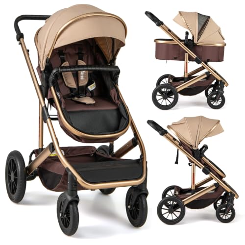 Image of INFANS 2 in 1 Baby Stroller, Folding Newborn Pram Convertible Bassinet for Infant Foldable High Landscape Shock Absorption with Reversible Seat Aluminum Structure for Pushchair (Khaki Upgrade)