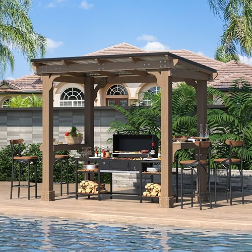 VEIKOU 8’x5’ Grill Gazebo, Patio Gazebo with Hardtop Metal Roof, Rainwater Drainage, Wood Frame, BBQ Gazebo for Barbecue, Backyard, Garden, Light Mocha Brown