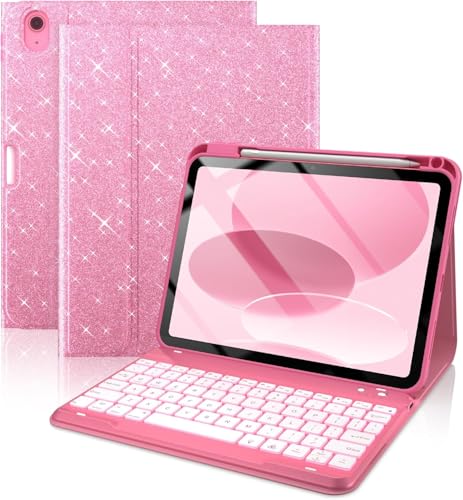 Image of typecase Folio Keyboard Case for iPad A16 (11th) & iPad 10th Gen 10.9 inch (2022), Magnetic Wireless Detachable Keyboard, 7-Color Backlight, Thin & Light, Pencil Holder -Rose Red Glitter