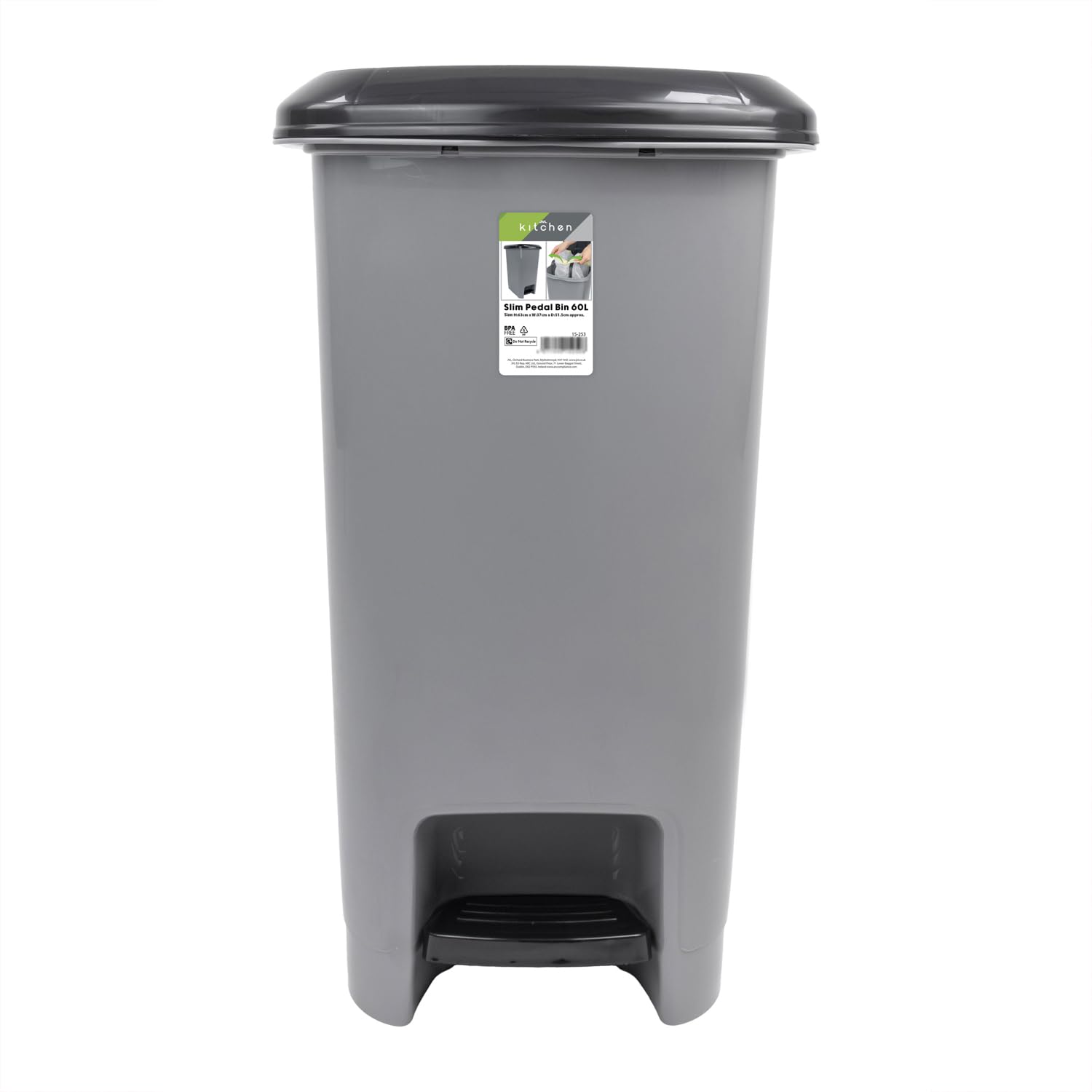 JVL Slim Plastic Lidded Foot Pedal Waste Bin, 60L, Grey