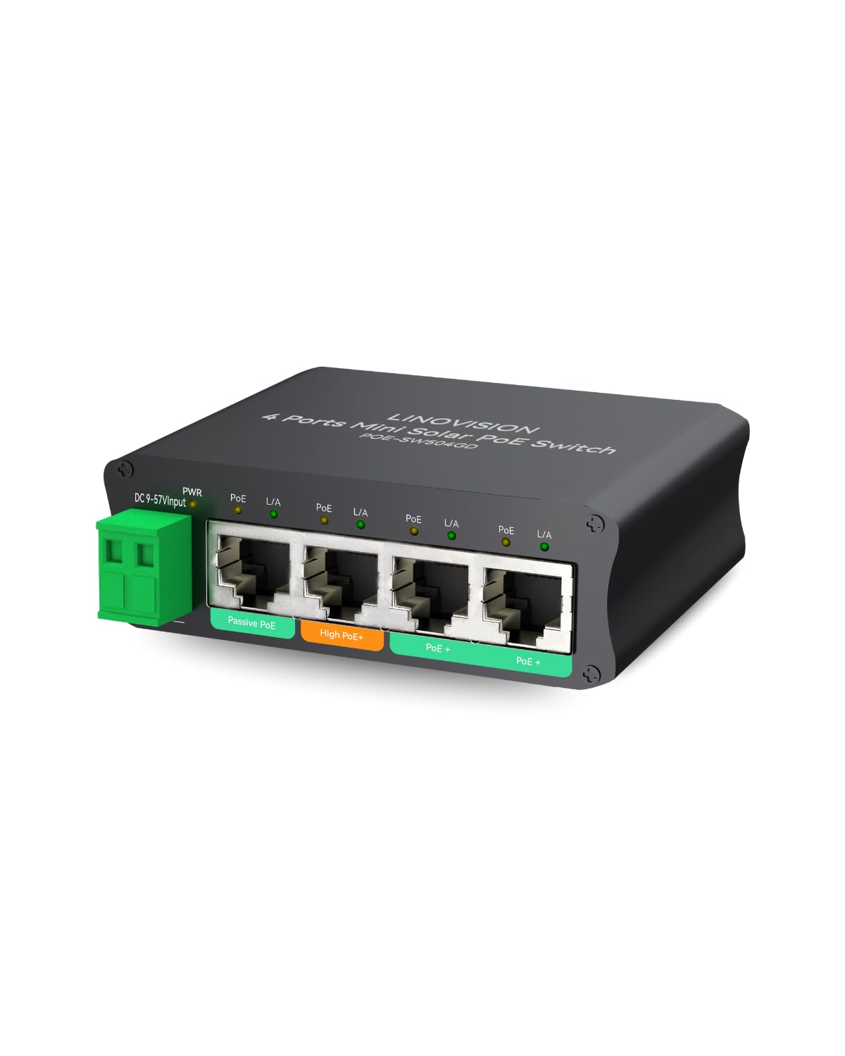 LINOVISION Il mini switch PoE solare a 4 porte funziona direttamente con batterie DC12V o DC24V e fornisce 2 porte PoE+, 1 porta PoE+ alta per telecamere PTZ di grandi dimensioni e 1 porta PoE passiva