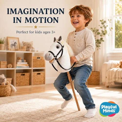 Image of Nature Bound Plush Handcrafted Hobby Horse Stick Pony Provides Fun Pretend Play for Toddlers, 36-Inch with Sound Effects (White)