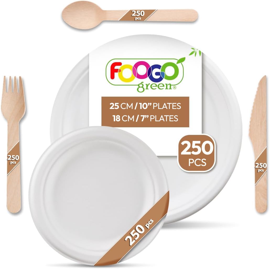 FOOGO Green 1250pcs Disposable Sugarcane Fibre Strong Paper Plates & Wooden Cutlery Set, FSC® Certified, 25cm & 18cm Round Plates, 16cm Cutlery