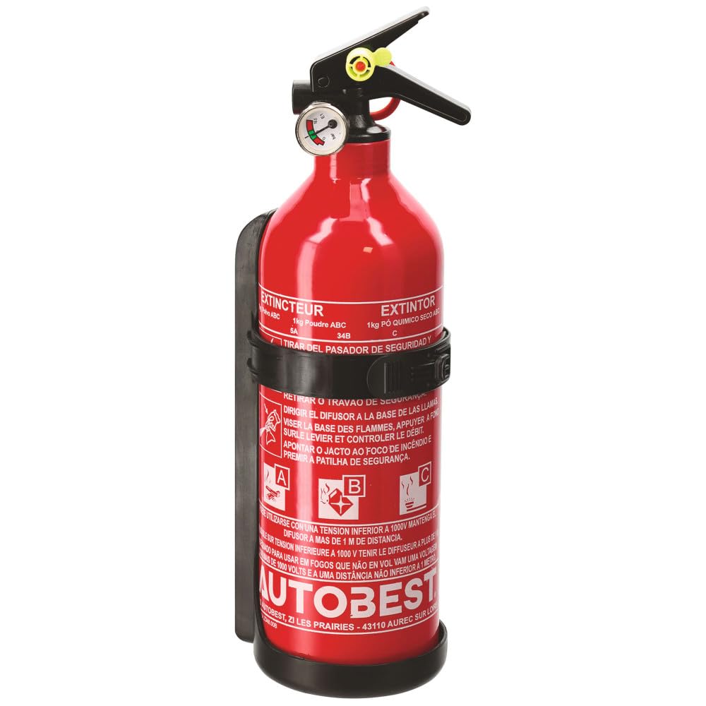 Autobest Lot de 2 extincteurs 1kg à Poudre - Classes de Feux ABC - avec manomètre et Support - pour Voiture et Maison