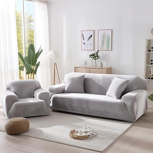 NAKIHOUSE Dicke Samt Sofa Überwürfe Sofabezug mit einem Kissenbezug, Superweicher Elastische Sofa Abdeckung in Silber-Grau Farbe für 1/2/3/4 Sitzer(L-förmiges Ecksofa erfordert Zwei)