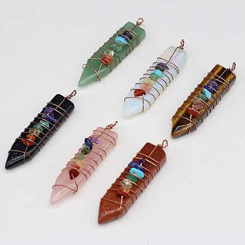 Miniatura 3 de LHJ 4 colgantes de piedra natural con forma de cono de 7 chakras, reiki, curación mixta, dijes de piedra de cristal, alambre de cobre envuelto para