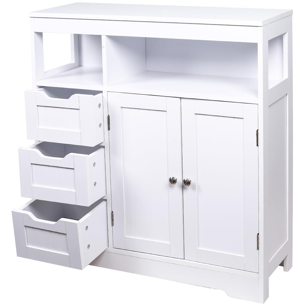 Shally Dogan Mobile da Bagno in Legno Bianco con 3 Cassetti, 2 Ante e 2 Ripiani Salvaspazio, Mobiletto Multiuso da Terra, Armadietto Autoportante per Soggiorno, Cucina, Ufficio, Armadio 80.5x30x86.5cm