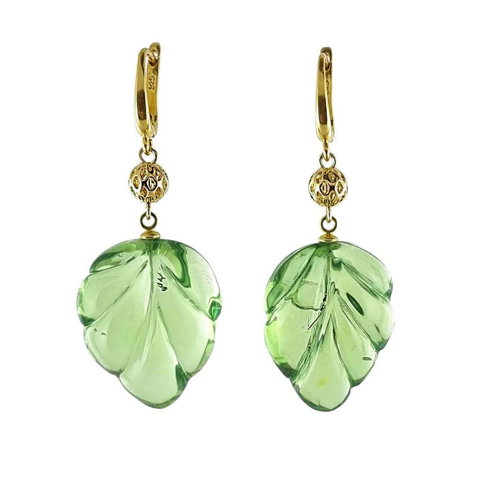 Natural Amber Leaves Shape Green Color Dangle Earrings 14K Gold Plated, Genuine Caribbean Amber.