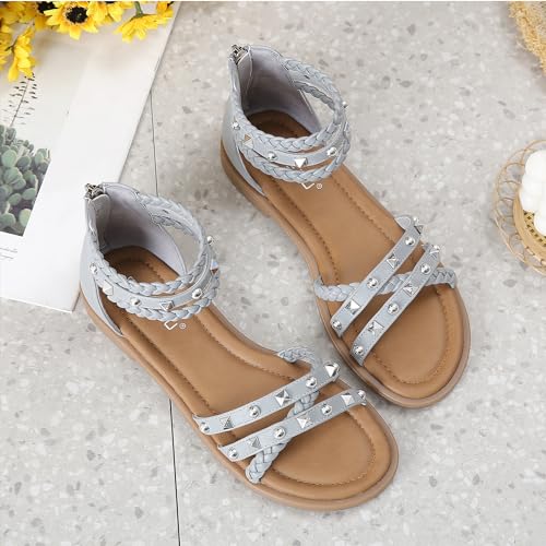 Womens Summer Rhinestone Embellished Flat Braided Shoes Studding Gladiator Sandals with Zipper Closure3