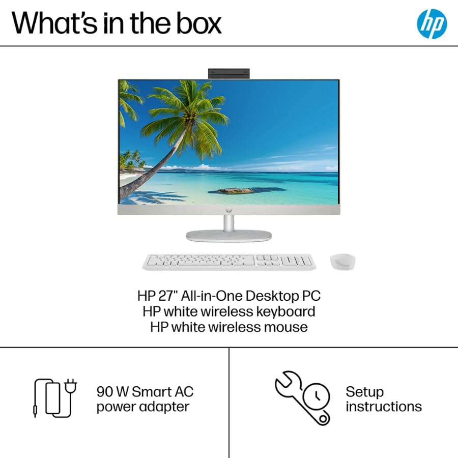 Image of HP 27 inch FHD Touchscreen All-in-One Desktop Computer, Intel 12-Core Ultra 7 Processor, 32GB RAM 1.5TB Storage (1TB SSD+512GB External), Wireless Keyboard & Mouse, Windows 11, PLUSERA Earphones, White