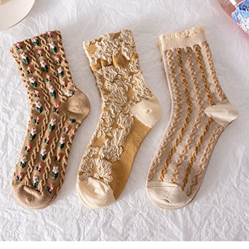 Meganjdesigns Floral Socks Set Of 6 Pairs Pack Women 6Pieces Cute Flower Geometric 3D Textured 6Pcs Ankle Cotton Cottagecore Lucky Socks (F) #TOP4